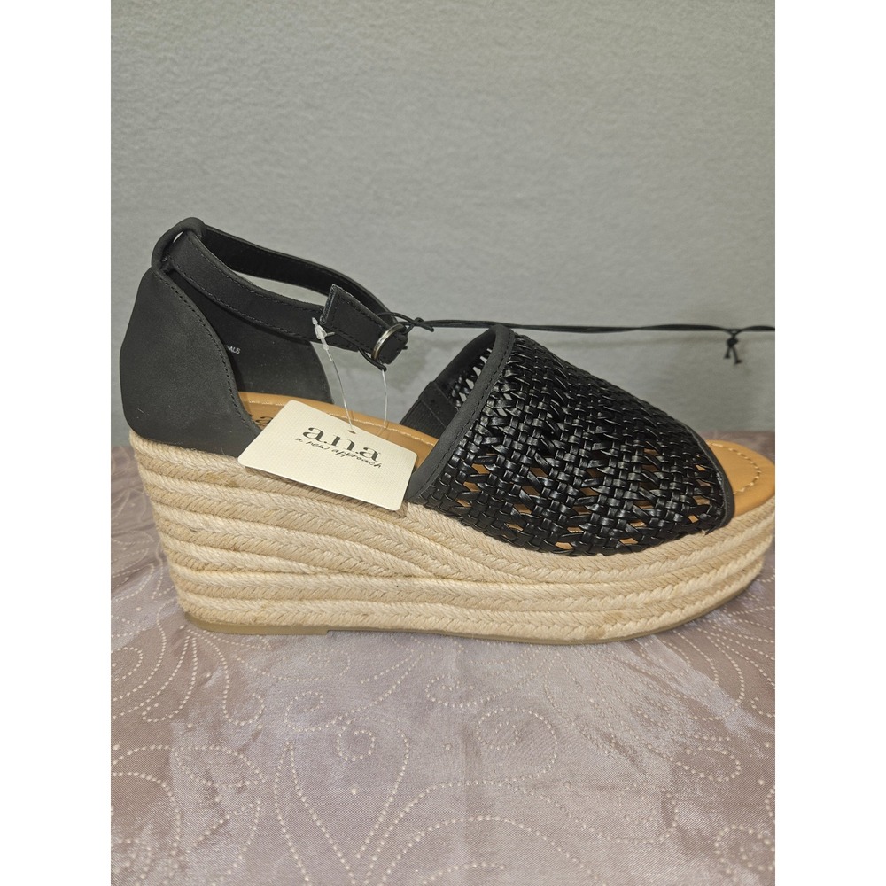 ana a new approach Ana Lisa Black Woven Espadrille Wedge Sandals Womens 8.5 NEW